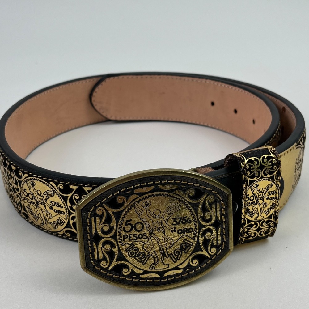 Centenario Black/Gold Cowboy Belt Made in Mexico Leather Size 34